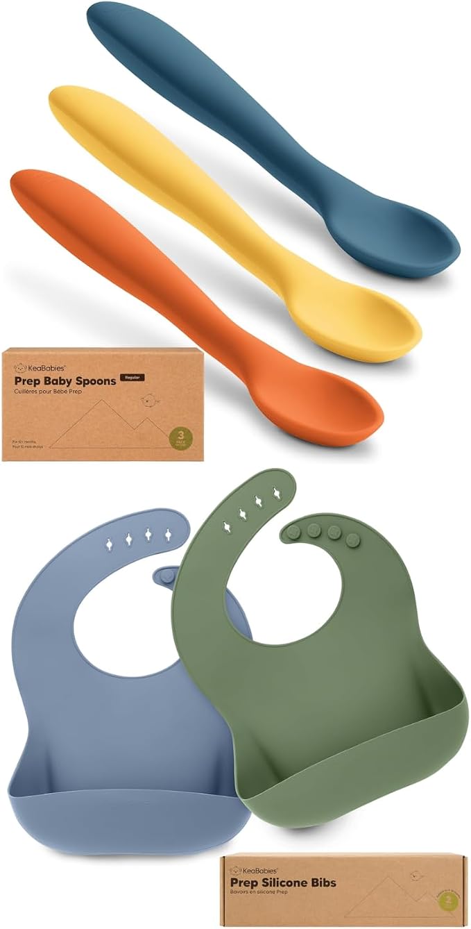 KeaBabies 3-Pack Silicone Baby Spoons and 2-Pack Baby Silicone Bibs - Toddler First Food Training Spoon - Waterproof, Easy Wipe Bib for Boys, Girls, Toddlers