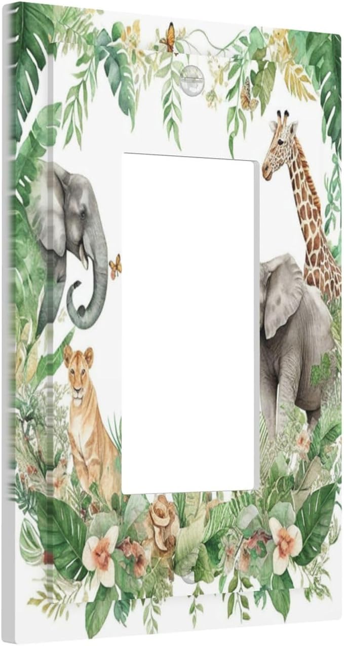 Tropical Leves Safari Animals Giraffe Elephant Zoo Decorative Outlet Covers 1 Gang Single Rocker Light Switch Cover Plate Wall Plates GFCI Faceplate for Kids Room Nursery Decor
