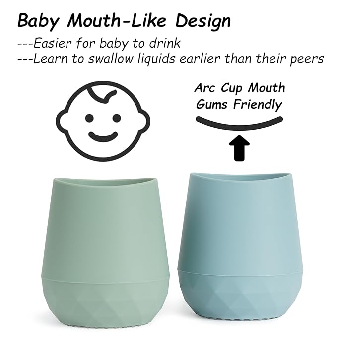 Seposeve Silicone Baby Cups for 6-12 Months, 12-24 Months, Pack of 2 Tiny Open Training Silicone Cup for Toddler, Baby Mouth-Like Design, with Capacity Markings, Green Blue