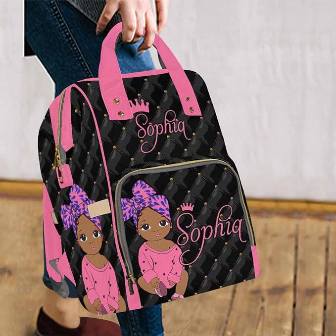 InterestPrint Custom Name Diaper Bag - Personalized Cute Pink Princess Nappy Bag - Customized Diapering Backpack for Casual Daypack Travel, Hiking, Camping, Work