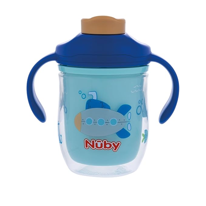 Nuby 2-in-1 Insulated Toddler Cup with 360° Weighted Straw & Hard Spout - 7 oz - Leak-Resistant with Easy Grip Handles - 4+ Months - Submarine