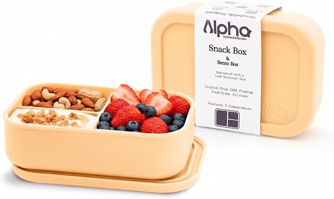 Silicone Bento Box for Kids, 3 Compartment Lunch Box, Small Portions, BPA Free Snack Container, Leak Resistant, Easy to Clean, Dishwasher Safe