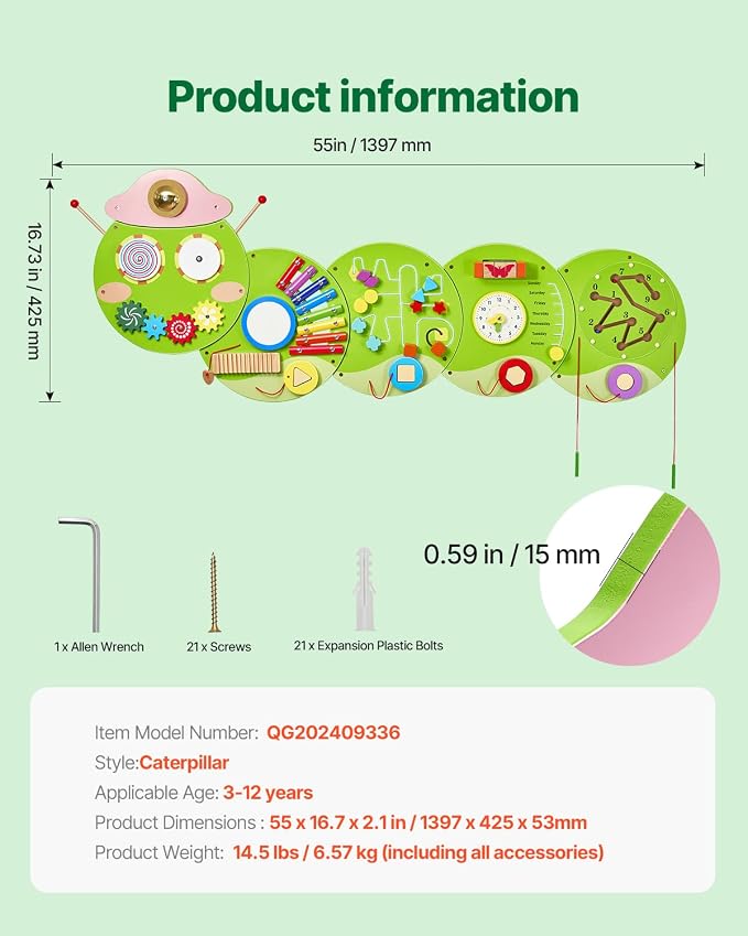VEVOR Caterpillar Activity Wall Busy Board Wall, 12 Wall Activities Board, Montessori Sensory Wall Panel for Kids 3-12 Years, Sensory Wall Activity Board, Ideal for Toddler Playroom Nursery Classroom