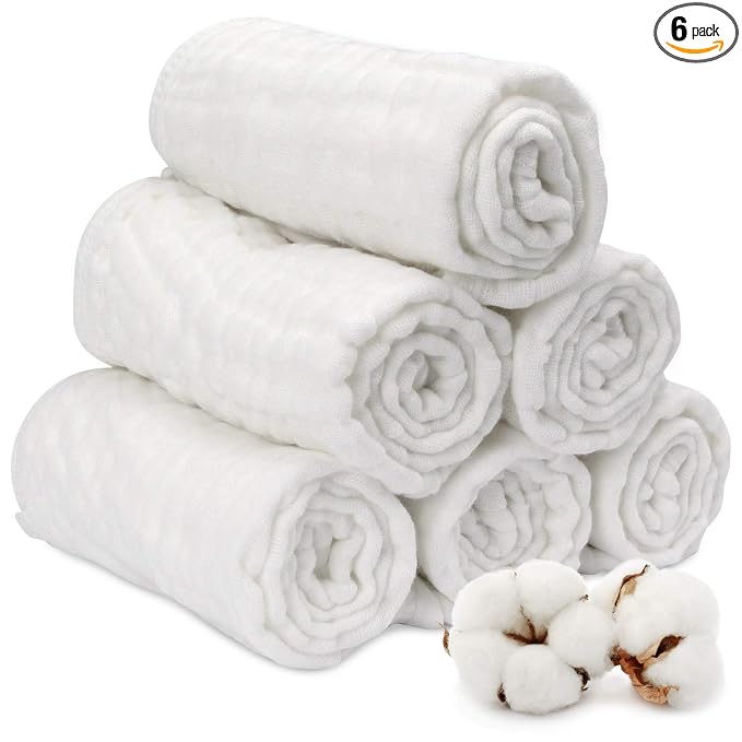 Muslin Burp Cloth for Baby Boys and Girls (6 Pack) | Cotton Newborn Essential Must Have Item | White Unisex Design | Super Soft and Absorbent Burping and Spit Up Cloths | Multi Use Baby Shower Idea