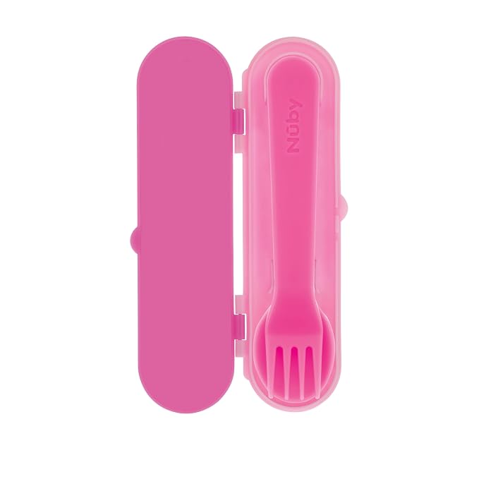 Nuby Toddler Utensils with Travel Case - Self-Feeding Fork & Spoon Set for Kids - Easy-to-Hold Training Utensils with Rounded Safe Edges for Independent Mealtime - Rainbows