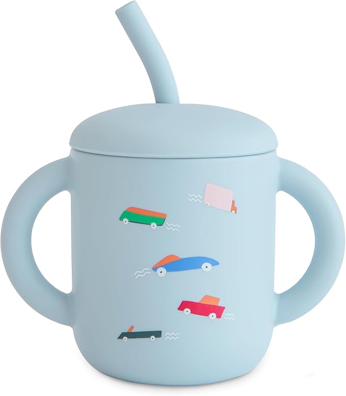 mushie 100% Silicone Training Cup & Straw for Toddlers | 6 Months+ (Retro Cars)