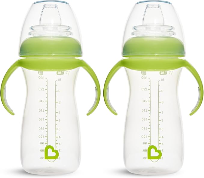 Munchkin Gentle Transition Baby Sippy Cup, Baby's First Sippy - Helps Babies & Toddlers Transitioning from Bottles to Cups, Spill Proof, 9 Months & Up, 10 Ounce, Green (Pack of 2)