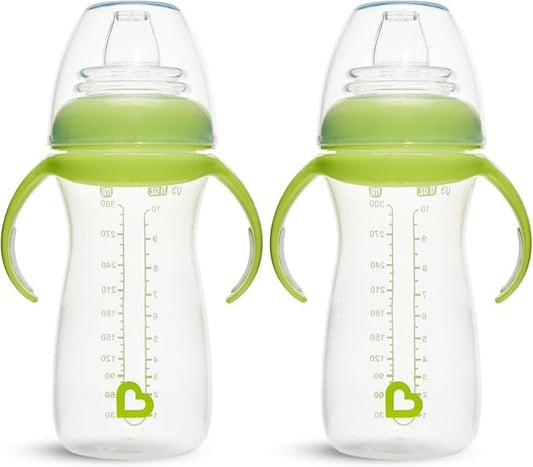 Munchkin Gentle Transition Baby Sippy Cup, Baby's First Sippy - Helps Babies & Toddlers Transitioning from Bottles to Cups, Spill Proof, 9 Months & Up, 10 Ounce, Green (Pack of 2)