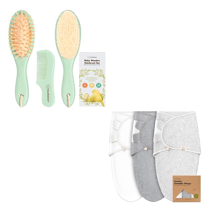 KeaBabies Baby Hair Brush and Comb Set and 3-Pack Baby Swaddle Sleep Sacks - Wooden Brush with Soft Goat Bristle, Newborn Swaddle Sack