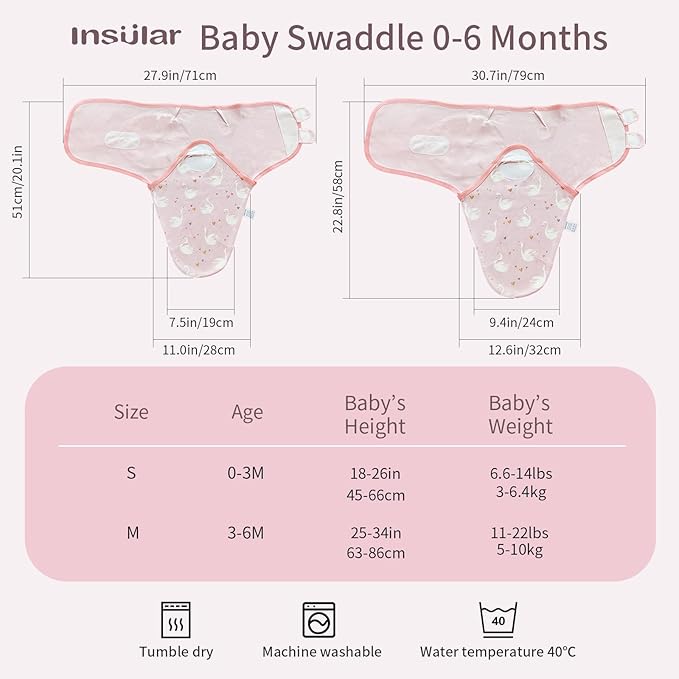 insular Baby Swaddle Wrap, Swaddle Blanket for Newborn and Infant, Adjustable Swaddling Set for Boy and Girl, Soft Cotton Baby Sleep Sack 3 Pack, Pink Swan, Small(0-3 Month)