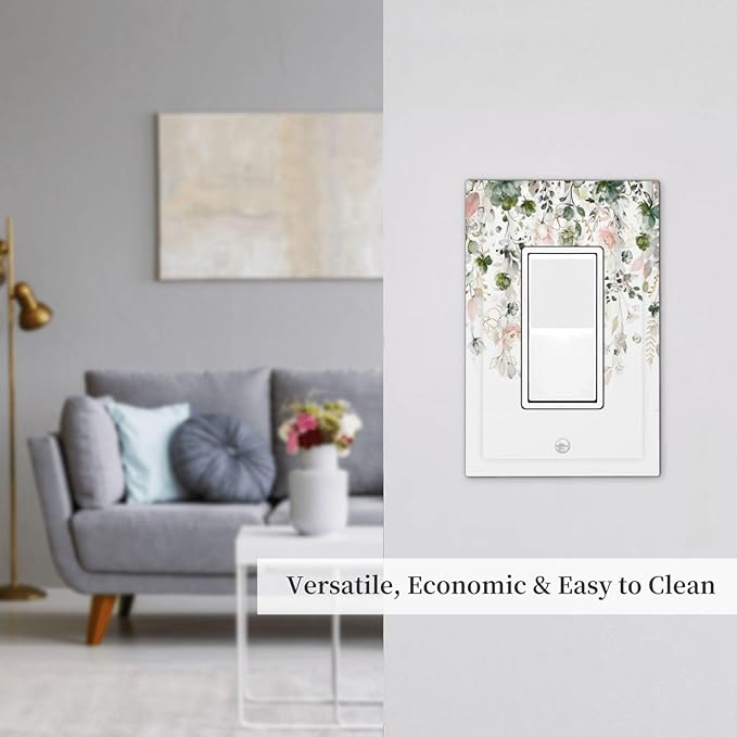 Green Pink Floral Flower Rustic Eucalyptus Leaves Wildflower Decorative Outlet Covers 1 Gang Single Rocker Light Switch Cover Plate Wall Plates GFCI Faceplate for Bedroom Living Room Decor