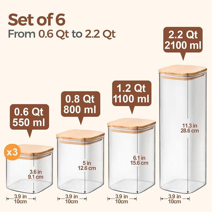 ComSaf Food Storage Containers with Airtight Lids Set of 6, Clear Glass Canister Food Jar with Sealing Lid Kitchen Pantry Storage Container for Spaghetti Pasta Sugar Flour Oat Cereal Beans, Square