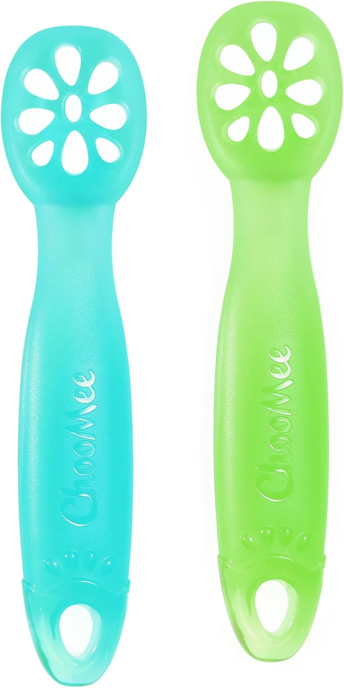 ChooMee FlexiDip Silicone Baby Learning Utensil | 4 Months + Baby Led Weaning | Flat Head Spoon with Firm Handle | Designed in USA, BPA Free, Premium Grade Platinum Silicone | 2 CT Aqua Green
