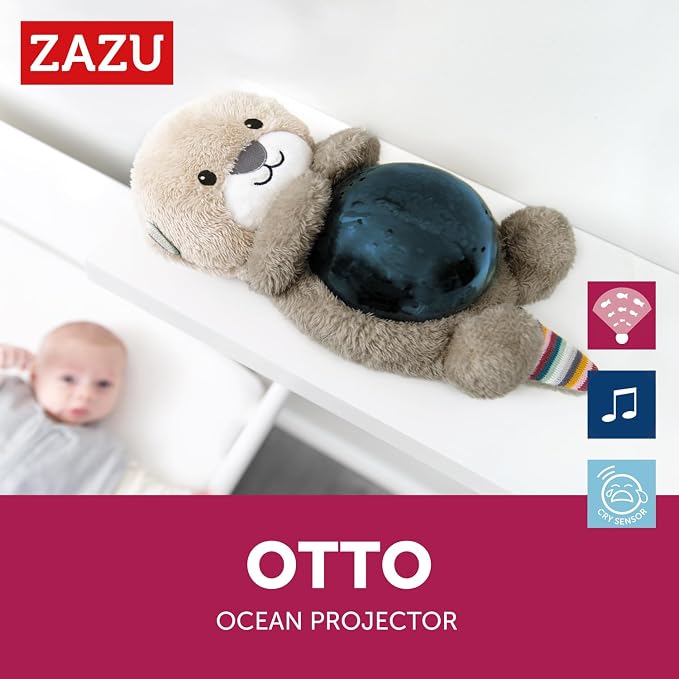 Zazu Kids Otto The Otter LED Night Light Projector - Ocean Theme with Moving Fishes, Waves and Soothing Melodies, Battery-Operated Portable Baby Soother, 3 Steps Sleep Program, 5 Sounds, Cry Sensor
