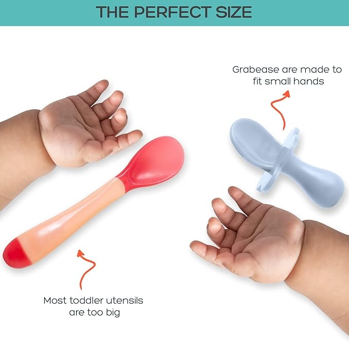 Grabease Baby Spoon & Fork Set with Case - Ergonomic Baby Utensils for Tiny Hands - Short Spoons for Self-Feeding - Training Fork for Toddlers - Ice Blue, Pack of 1