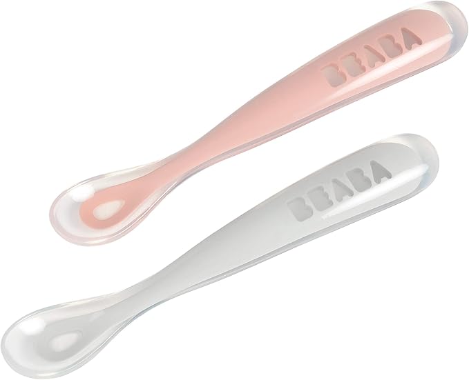 BEABA Baby's First Stage Baby Feeding Spoon Set with Travel Case, The Original Soft Tip Silicone Baby Spoons for Babies, Travel Set, Gum Friendly BPA Lead Phthalate and Plastic Free, Cotton Candy