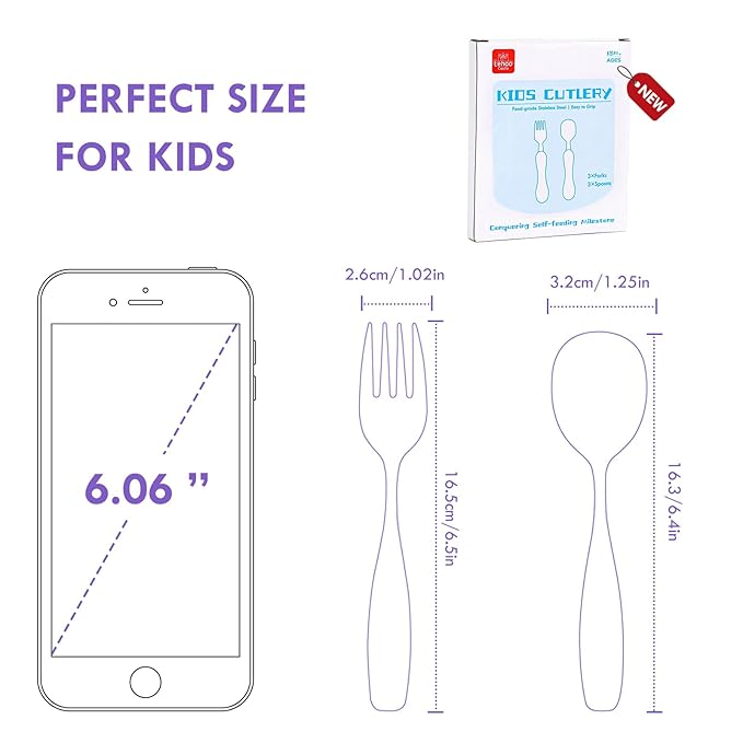 Lehoo Castle 6 Pieces Toddler Utensils, Kids Silverware for 2 3 4 Years Old, Stainless Steel Fork and Spoon Set with Plastic Handle, Safe Toddler Cutlery (Light Purple + Blue)