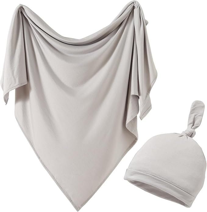 Cotton Knitted Baby Swaddle Blanket with Hat Headband Set Newborn Swaddle Wrap Receiving Blankets for Baby Girl Boy 45" x 45"(Grey)