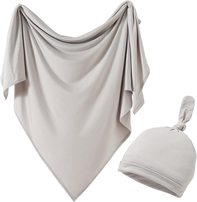 Cotton Knitted Baby Swaddle Blanket with Hat Headband Set Newborn Swaddle Wrap Receiving Blankets for Baby Girl Boy 35" x 35"(Grey)