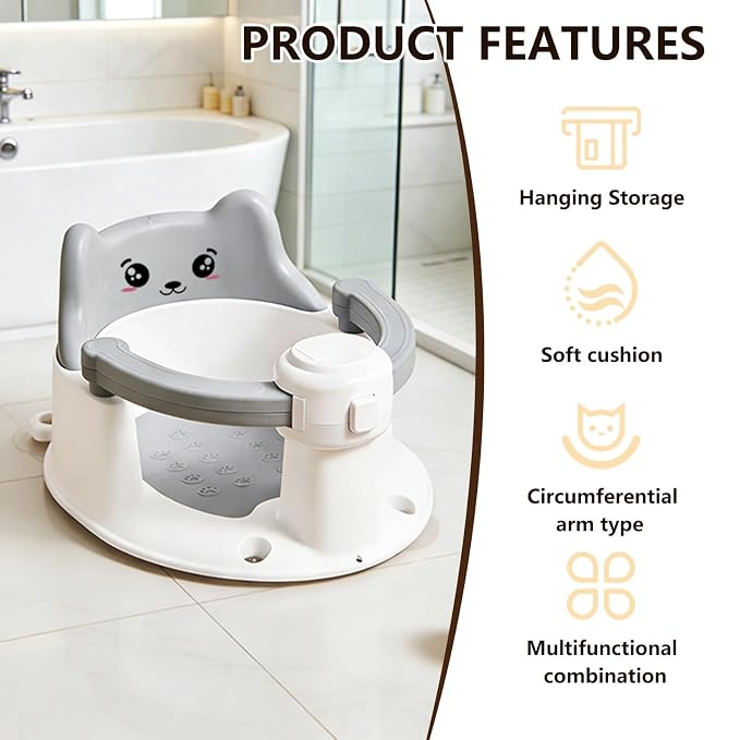 Baby Bath Seat for Babies 6 Months and Up, Non-Slip Bathtub Support Seat for Toddlers, Portable Infant Bath Chair with Strong Suction Cups, Safety Armrest & Cute Bear Backrest