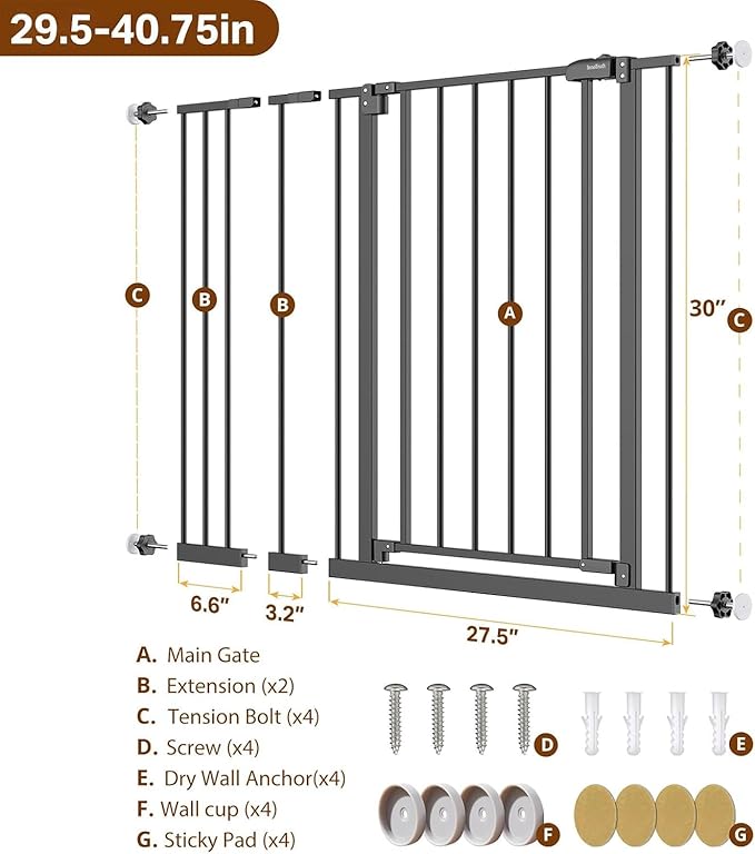 InnoTruth 29.5??0.75" Baby Gate for Stairs, 30" Tall Dog Gates for Doorways & Hallways, Safety Gate for Kids & Pets, Pressure-Mounted Walk-Through with Dual Lock & 2-Way Swing, Black