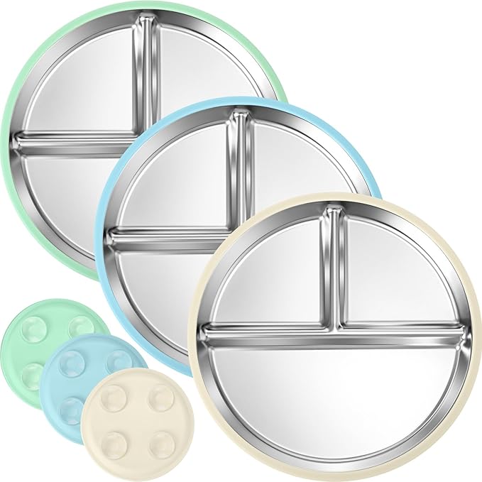 BUSOHA 3 Pack Stainless Steel Kids Plate with Suction - 8.1??Divided Toddler Baby Plates with Silicone Sleeves Non-Slip 2-in-1 Anti Breakage Metal Toddler Bowls Microwave Dishwasher Safe