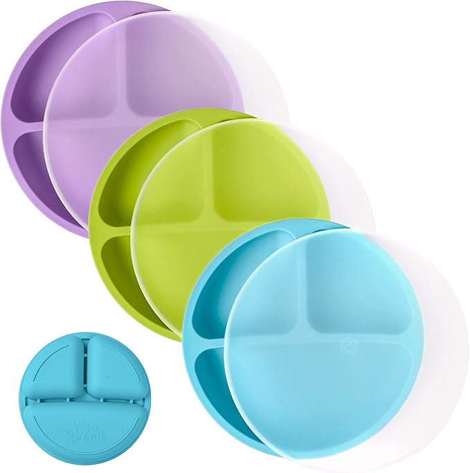 WeeSprout Silicone Plates with Lids for Babies & Toddlers (3 Pack) 100% Food-Grade Dishes for Self Feeding, Divided Design & Raised Edges for Picky Eaters, Dishwasher & Microwave Safe Weaning Supplies