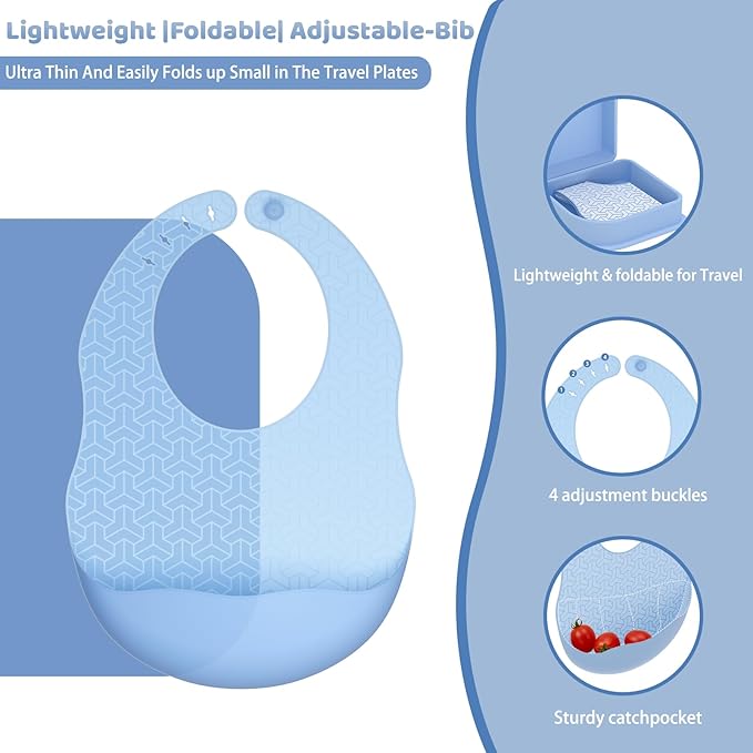 Blue Silicone Foldable Feeding Set, Travel Baby Feeding Supplies Including Toddler Plates, Silicone Baby Spoon&Fork, Adjustable Foldable Bib, Portable Infant Toddler Utensils