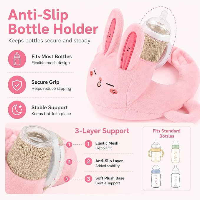 New Bottle Holder Pillow Plush for Self Feeding, Hands Free Feeding Nursing Assistant, Ergonomic Support Cushion, Soft Animal Cover Protector, Machine Washable (Brown Bear)