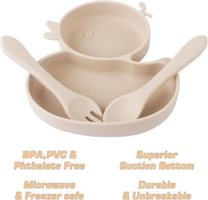 Baby Suction Plate, Silicone Toddler Plate for Kids Baby Weaning Plate Strong Suction Divided Dish with Fork Spoon, BPA Free (Orange) (Beige)