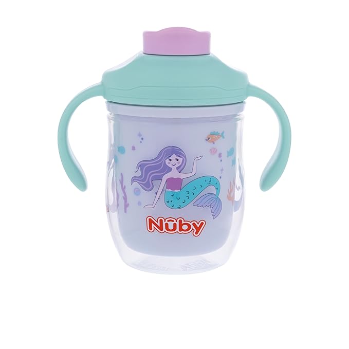 Nuby 2-in-1 Insulated Toddler Cup with 360° Weighted Straw & Hard Spout - 7 oz - Leak-Resistant with Easy Grip Handles - 4+ Months - Mermaids