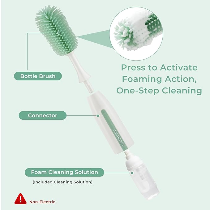 Momcozy Bottle Brush Kit Pro, Innovative Push-Press Design for Deep Cleaning - Bottle Cleaner Brush for Bottle/Breast Pumps/Nipple - Clog-Free Brush & Foam-Generating Design for Better Cleaning, Green
