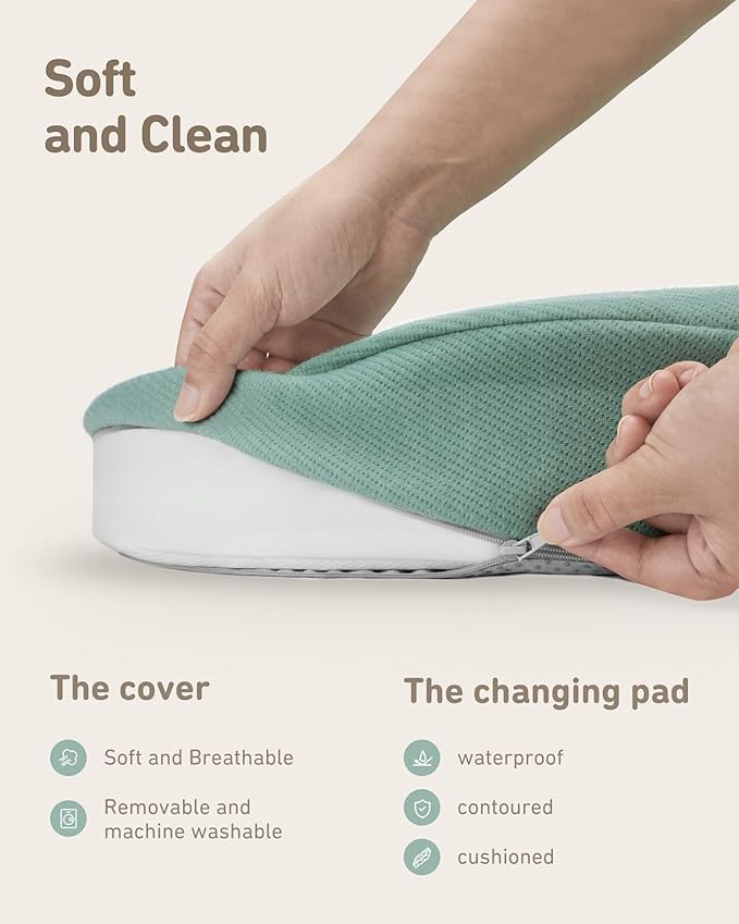 Contoured Changing Pad with Soft & Washable Cover, Waterproof Lining Foam Baby Changing Table Pads for Dresser Top, Secure with Security Strap and Two High Curved Sides, 32?�Ã?6?? Sage Green