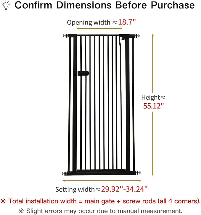 Lumizone Extra Tall Cat Gate 55.12" High Pressure Mounted 29.92"-34.24" Extra Wide 1.37" Gap No Drilling Auto-Close One-Handed Operation Tall Pet Gate for Dogs(Black, 55.12" H x 29.92"-34.24" W)