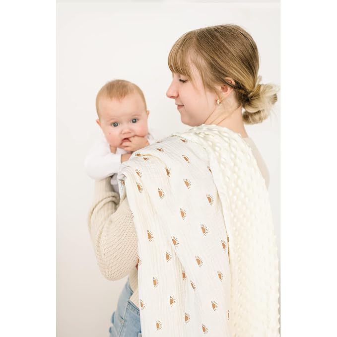 Konssy Baby Blankets for Unisex Boys Girls, Super Soft Nursery Minky Blankets with Muslin Cotton Front and Dotted Fleece Backing, Printed Bed Throws Newborn