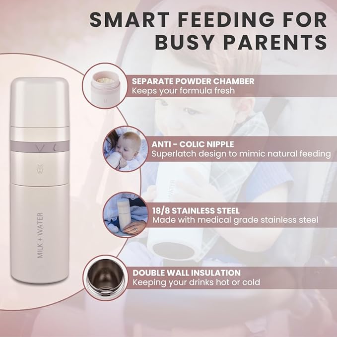 MILK & WATER All in One Baby Bottle & Baby Formula Dispenser On the Go, 9oz - Keeps Water Warm & Formula Fresh - Baby Formula Mixing Bottle with Anti Colic Nipple - Leak-Proof - 3+ Months (Pink)