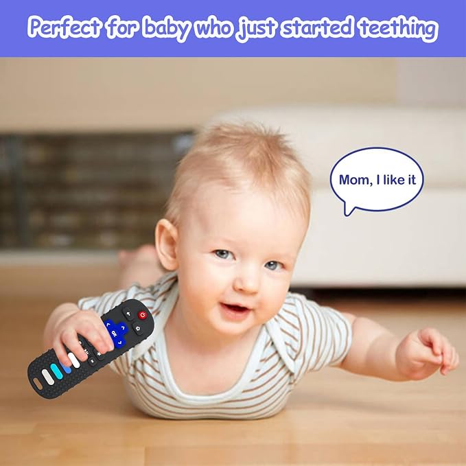 ROBBEAR Baby Teething Toys, Food Grade Silicone Teether for Babies 3 6 12 18 Months, TV Remote Shape Toddlers Chew Toys, Freezer BPA Free (Black RC)