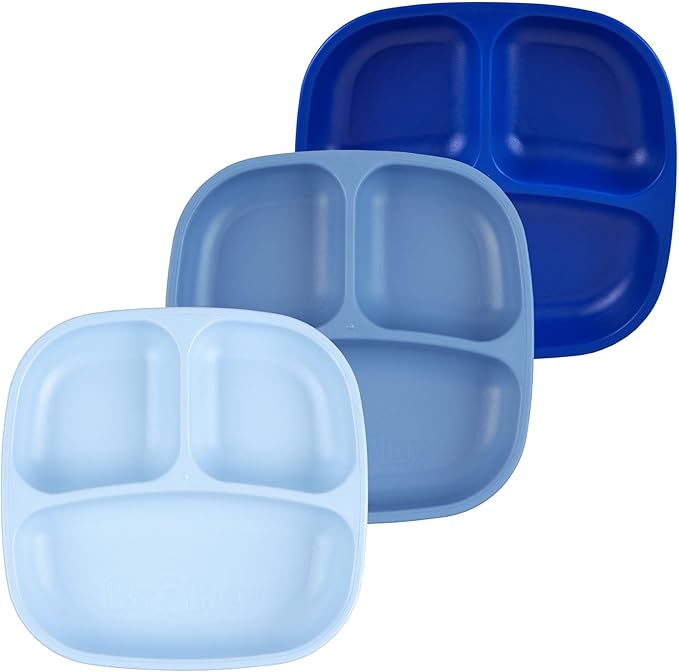 Re-Play Toddler Plates with Dividers - Deep-Walled 3 Compartments Divided Plates for Kids - Dishwasher & Microwave Safe - Made in USA - Set of 3-7.37" x 7.37" x 1.25" - Cool Blue