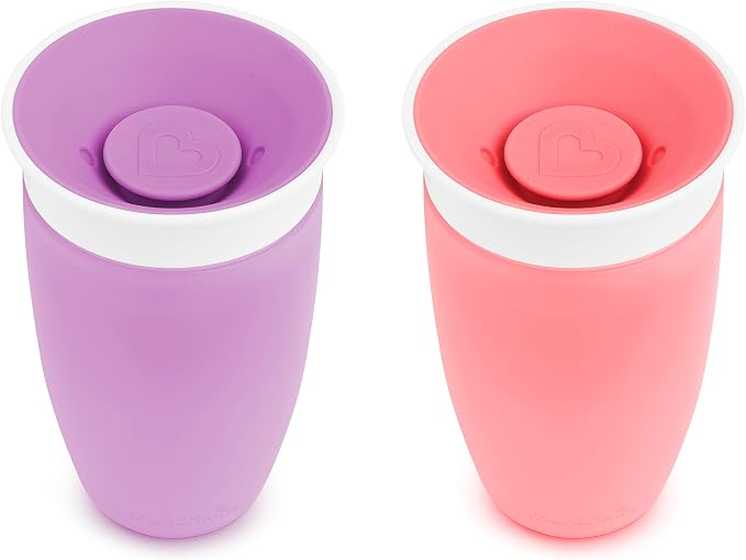 Munchkin Sippy Cups for Toddlers 1-3, Spill Proof Miracle 360 Cup, 10 Ounce, 2 Pack, Pink/Purple