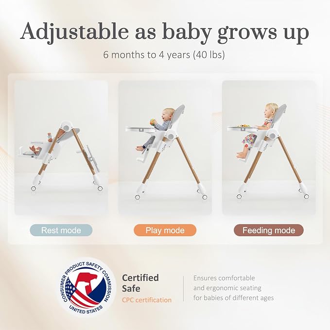 Mallify Foldable High Chairs for Babies and Toddlers, 3-in-1 Convertible Baby High Chair with Removable Soft Cushion and Tray, Adjustable Height & Recline, Lockable Wheels, Ligh Gray