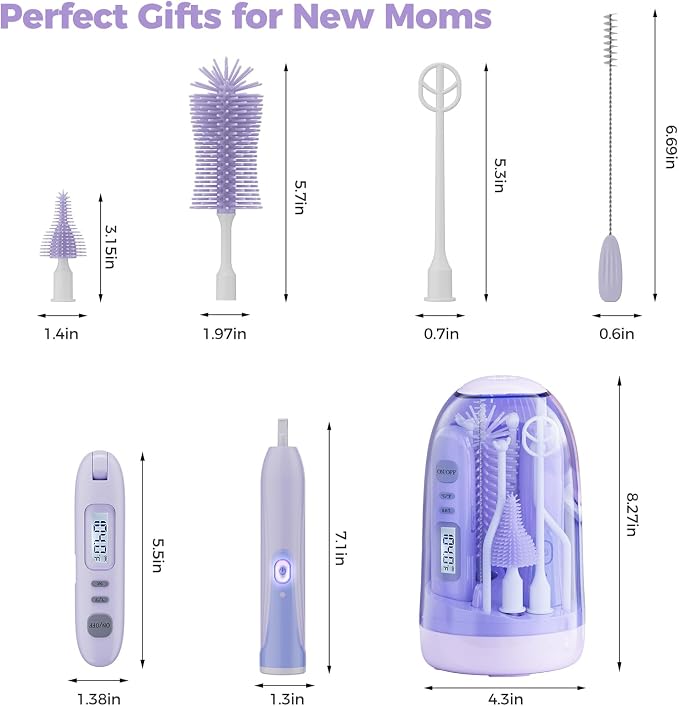 Electric Bottle Brush Cleaner,Rechargable Electric Baby Bottle Brush Cleaner with Thermometer,Silicone Bottle/Nipple/Straw Brush,Drying Rack,Travel Bottle Cleaner Kit for New Moms (Violet)