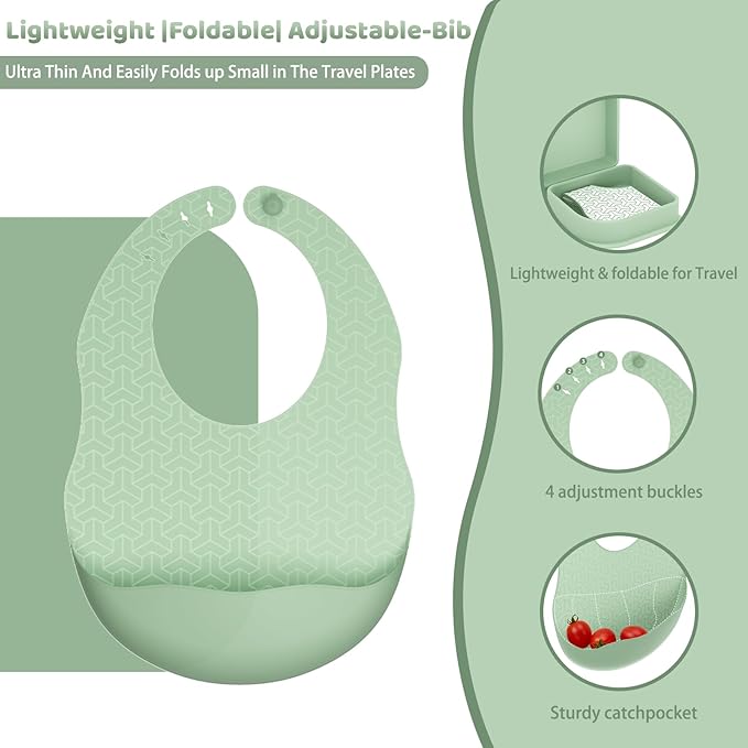 Green Foldable Silicone Baby Feeding Set, Portable Travel Baby Feeding Essentials Including Toddler Plates, Silicone Baby Spoon&Fork, Adjustable Foldable Bib, Portable Infant Toddler Utensils