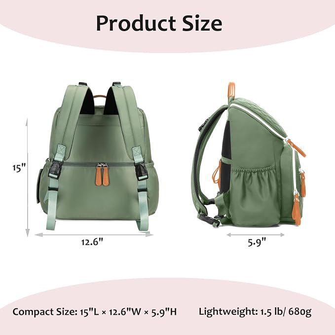 LORADI Lightweight Diaper Bag Backpack with Stroller Clips, Insulated Pockets, Baby Shower Essentials, Green