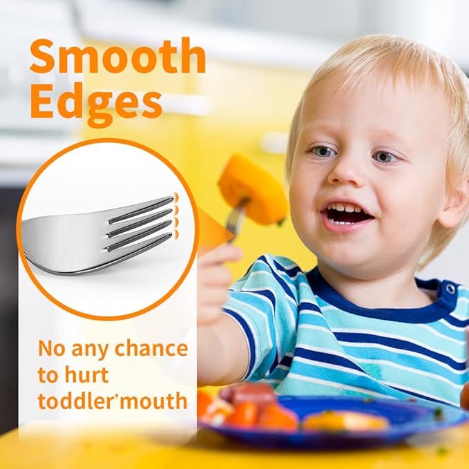 4 Piece Stainless Steel Toddler Forks and Spoons with Smooth Rounded Edges | Self-Feeding Toddle Utensil Set for Babies 1+ Year Old | Dishwasher Safe Baby Silverware Set