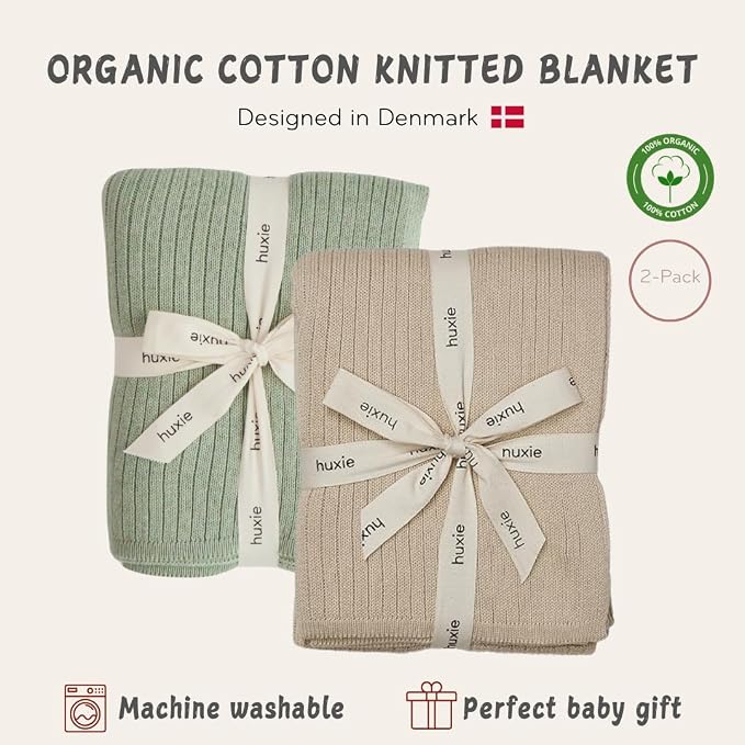 100% Organic Cotton Knit Receiving Baby Girl Blanket for Newborns - Soft, Breathable Swaddle Blanket for Crib & Stroller - Nursery Gift 2-Pack (Ribbed Fog/Roman Green)