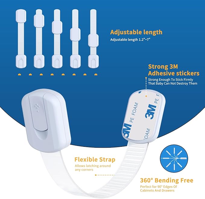 10-Pack Child Safety Cabinet Locks，Adjustable No Drilling Baby Proofing Strap Latches for Drawers,Cupboard,Cabinets,Fridge,Toilet Seat,Door,Closet?“No Tool Easy 3M Adhesive Installation