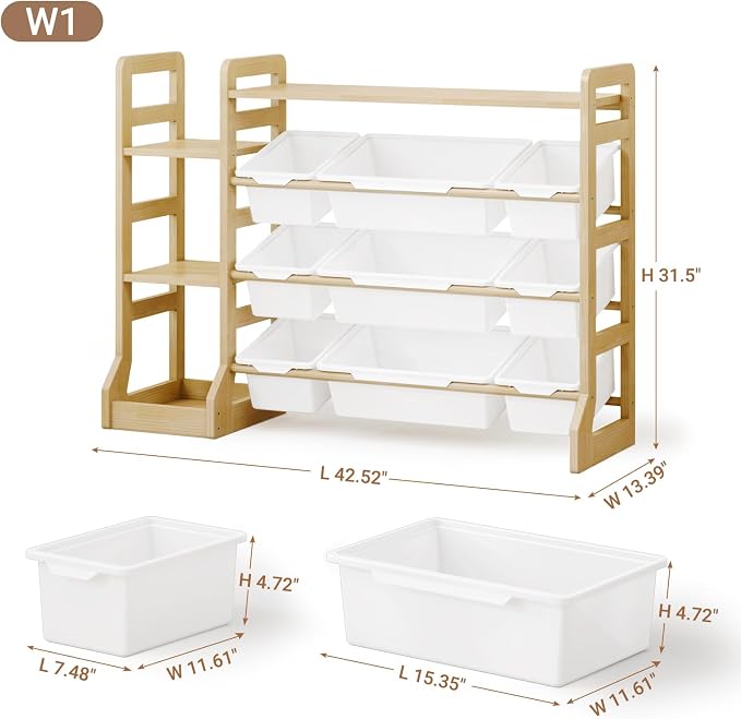 Kids Toy Storage Organizer with Bookshelf, Wooden Toy Shelf with 3 Open Shelves and 9 Removable Bins, Extended Base Sturdy Storage Cabinet for Playroom, Kids Room, Nursery Organization