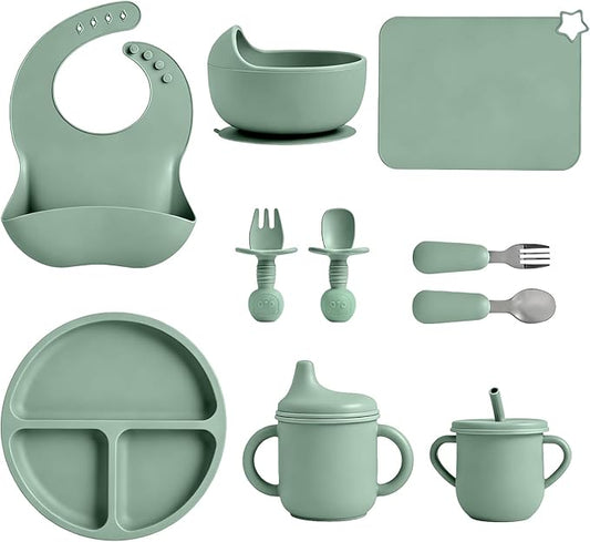 Silicone Baby Feeding Set 10 Pcs, Baby feeding essentials with Suction Plate, Bowl, Bib, Placemat, Silicone spoon&forks, Stainless Spoons&forks, straw cup and sippy cup (Green)