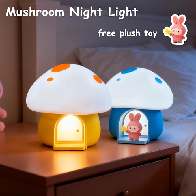 Kids Night Light, Mushroom Bunny Silicone Nursery Lamp, Tap Control 3-Level Dimmable, 30/60Min Timer, 1200mAh Rechargeable Cordless LED Bedside Sleep Light for Toddler Baby Bedroom