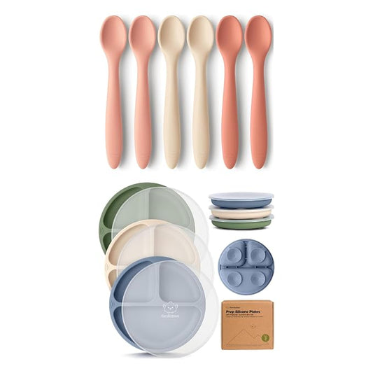 KeaBabies 6-Pack Silicone Baby Spoons and 3-Pack Suction Plates with Lids - Toddler First Food Training Spoon, 100% Silicone Suction Plates with Lids for Babies
